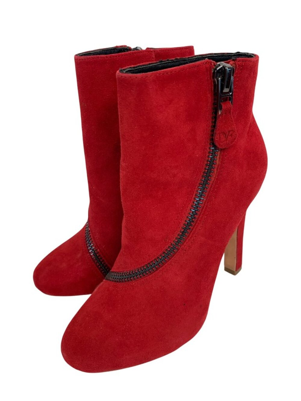 Diane Von Furstenberg Red Suede Cady High Heel Booties 7M Curve Zipper EUC $350 - Picture 8 of 11